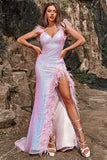 Mermaid Sweetheart Purple Sequins Long Prom Dress with Feather