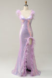 Mermaid Sweetheart Purple Sequins Long Prom Dress with Feather