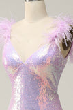 Mermaid Sweetheart Purple Sequins Long Prom Dress with Feather