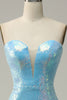 Load image into Gallery viewer, Mermaid Sweetheart Light Blue Sequins Long Prom Dress with Feather