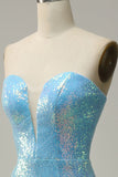 Mermaid Sweetheart Light Blue Sequins Long Prom Dress with Feather