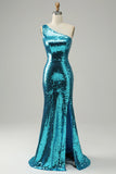 Sparkly Blue Sequins One Shoulder Long Prom Dress with Slit