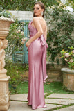 Sheath Spaghetti Straps Blush Long Bridesmaid Dress with Bowknot