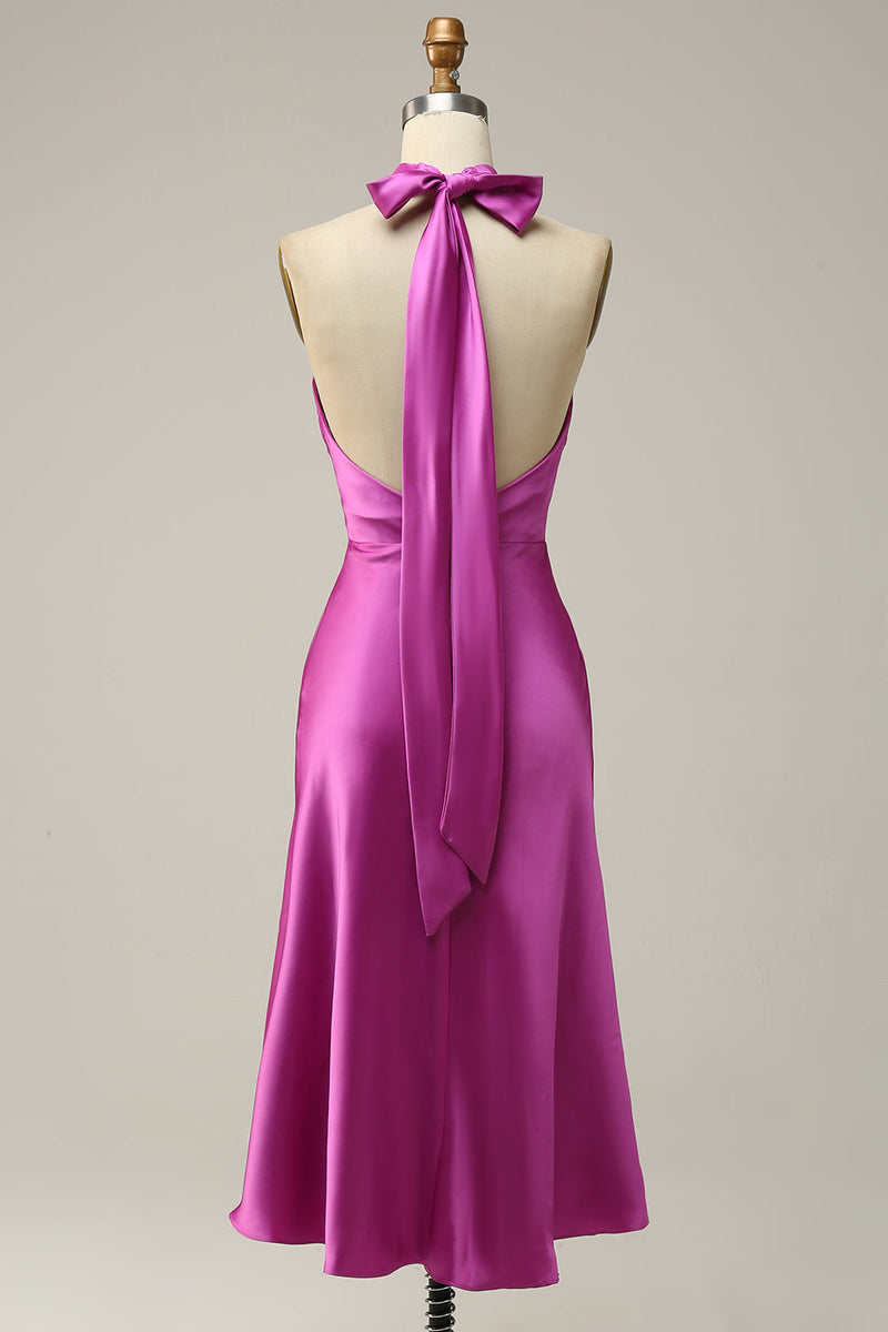 Load image into Gallery viewer, Halter Satin Fuchsia Bridesmaid Dress