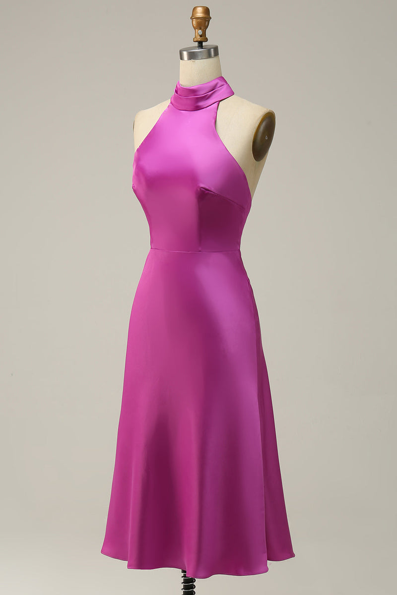 Load image into Gallery viewer, Halter Satin Fuchsia Bridesmaid Dress