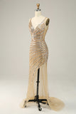 Sheath V Neck Golden Sequins Long Prom Dress with Open Back