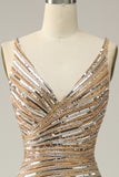 Sheath V Neck Golden Sequins Long Prom Dress with Open Back