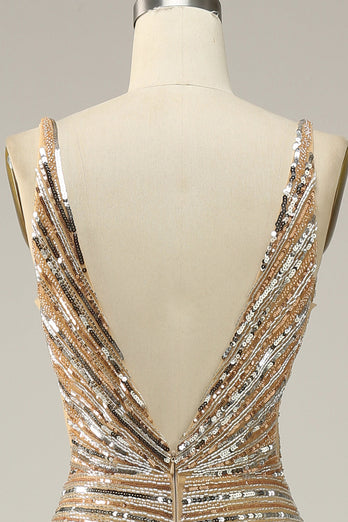 Sheath V Neck Golden Sequins Long Prom Dress with Open Back