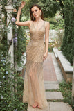 Mermaid Deep V Neck Golden Long Prom Dress with Open Back