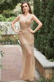 Mermaid Deep V Neck Golden Long Prom Dress with Open Back