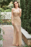 Mermaid Deep V Neck Golden Long Prom Dress with Open Back