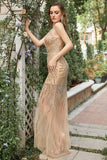 Mermaid Deep V Neck Golden Long Prom Dress with Open Back