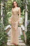 Mermaid Deep V Neck Golden Long Prom Dress with Open Back