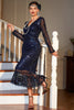Load image into Gallery viewer, 1920s Flapper Dress V Neck Navy Sequin Dress Roaring 20s Gatsby Party Dress