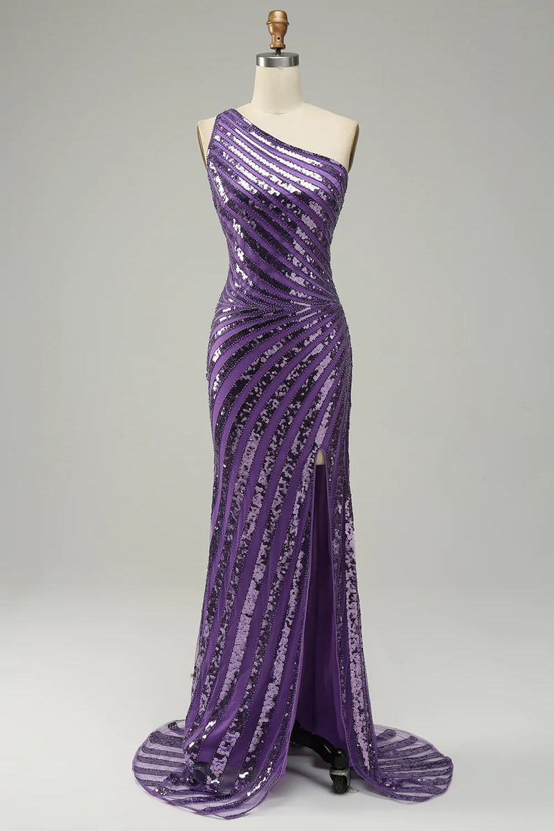 Load image into Gallery viewer, Purple Sequin One Shoulder Prom Dress with Slit