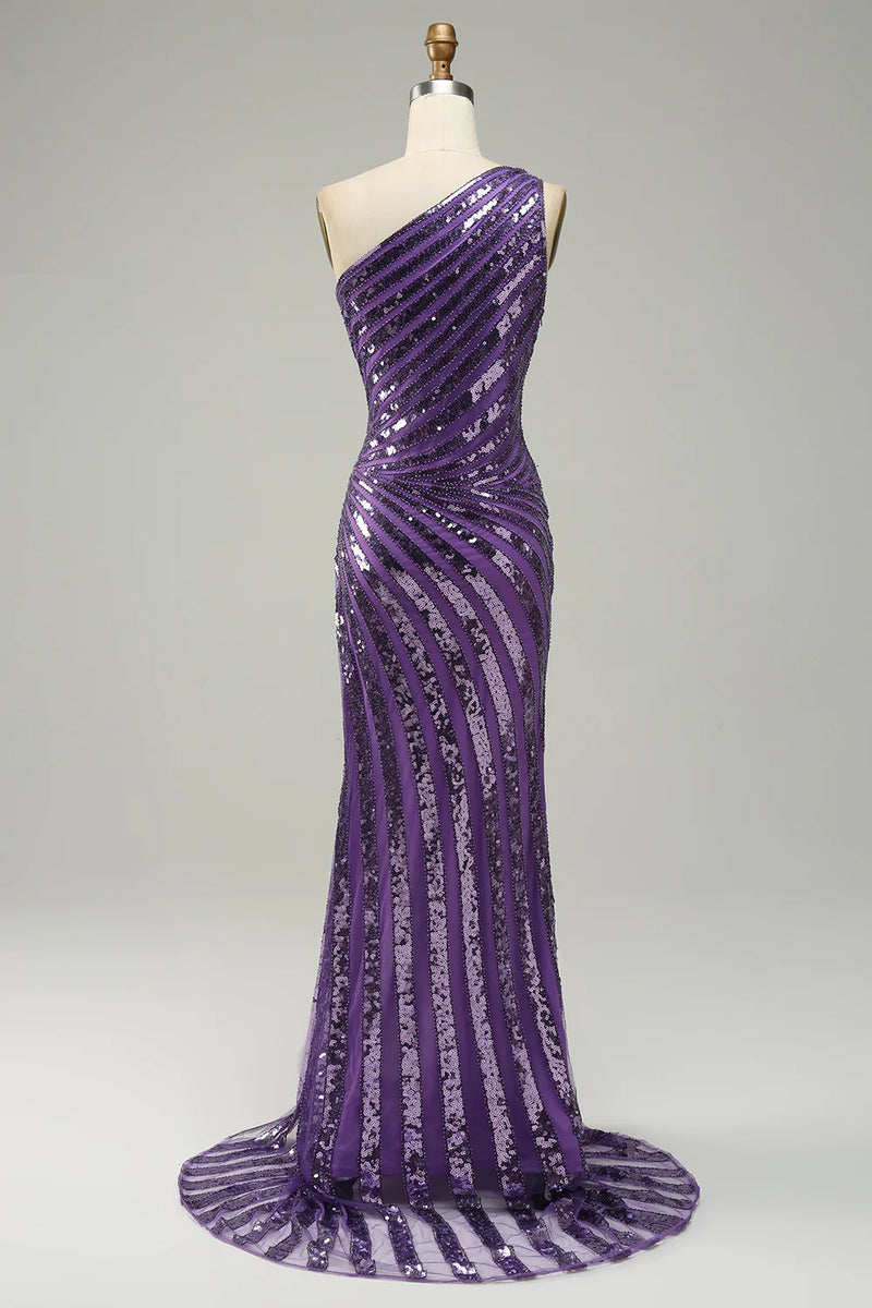 Load image into Gallery viewer, Purple Sequin One Shoulder Prom Dress with Slit