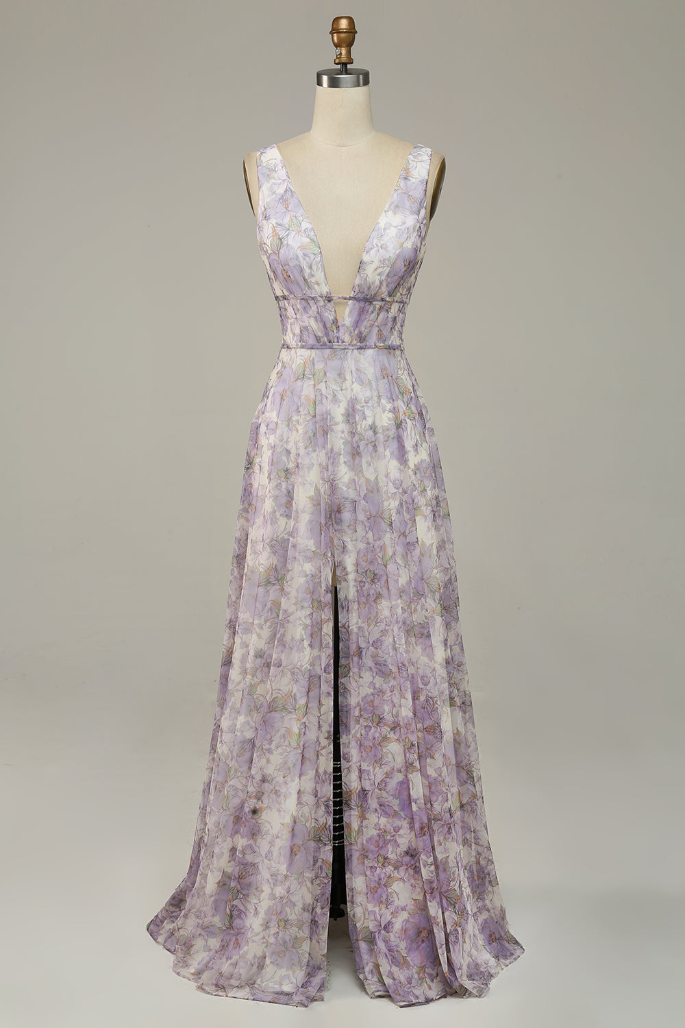 Ivory Purple Printed V-Neck Prom Dress With Slit
