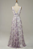 Ivory Purple Printed V-Neck Prom Dress With Slit