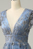 Load image into Gallery viewer, A Line Deep V Neck Grey Blue Plus Size Prom Dress with Embroidery