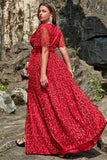 A Line V Neck Red Lace Plus Size Prom Dress with Split Front