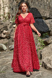 A Line V Neck Red Lace Plus Size Prom Dress with Split Front