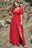 A Line V Neck Red Lace Plus Size Prom Dress with Split Front