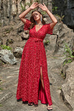 A Line V Neck Red Lace Plus Size Prom Dress with Split Front