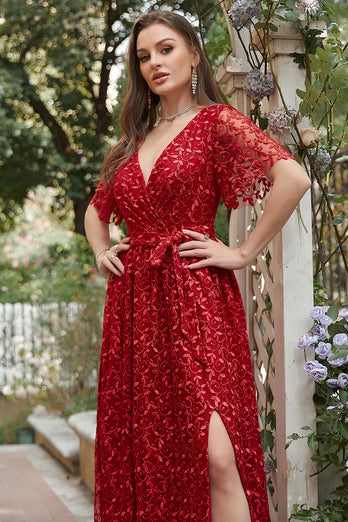 A Line V Neck Red Long Bridesmaid Dress with Embroidery
