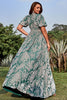 Load image into Gallery viewer, A Line V Neck Green Floral Printed Plus Size Prom Dress with Short Sleeves