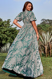 A Line V Neck Green Floral Printed Plus Size Prom Dress with Short Sleeves