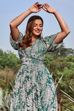 A Line V Neck Green Floral Printed Plus Size Prom Dress with Short Sleeves