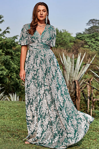 A Line V Neck Green Floral Printed Plus Size Prom Dress with Short Sleeves