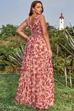 A Line V Neck Deep Rust Printed Plus Size Prom Dress with Split Front