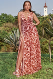 A Line V Neck Deep Rust Printed Plus Size Prom Dress with Split Front