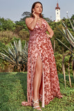 A Line V Neck Deep Rust Printed Plus Size Prom Dress with Split Front