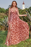 A Line V Neck Deep Rust Printed Plus Size Prom Dress with Split Front