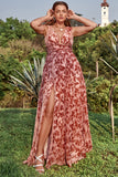 A Line V Neck Deep Rust Printed Plus Size Prom Dress with Split Front