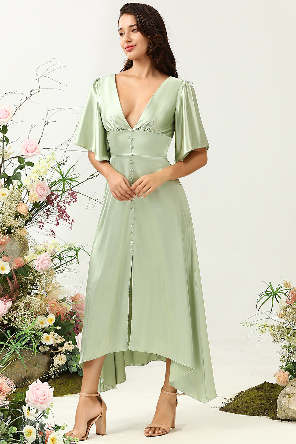 Zapaka Women Light Green Wedding Guest Dress A Line Deep V Neck Wedding Party Dress with Half Sleeves Zapaka CA Zapaka Women Light Green Wedding Guest Dress A Line Deep V Neck Wedding Party Dress with Half Sleeves Zapaka CA