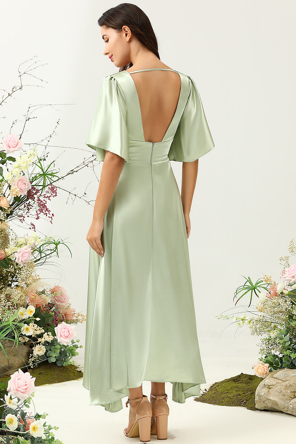 Zapaka Women Light Green Wedding Guest Dress A Line Deep V Neck Wedding Party Dress with Half Sleeves Zapaka CA Zapaka Women Light Green Wedding Guest Dress A Line Deep V Neck Wedding Party Dress with Half Sleeves Zapaka CA