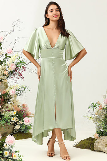 A Line Deep V Neck Light Green Wedding Guest Dress with Half Sleeves