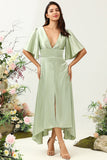 A Line Deep V Neck Light Green Wedding Guest Dress with Half Sleeves