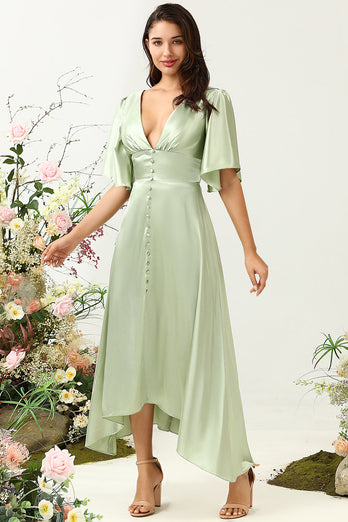 A Line Deep V Neck Light Green Wedding Guest Dress with Half Sleeves