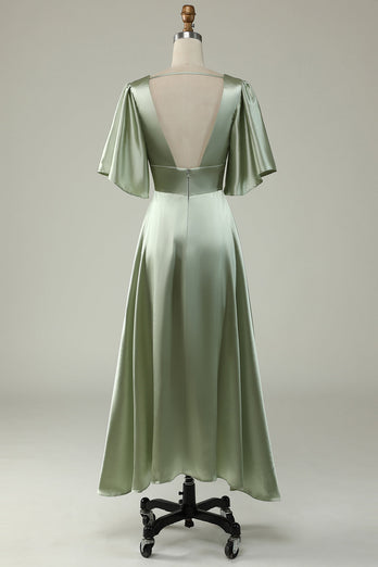 A Line Deep V Neck Light Green Bridesmaid Dress with Half Sleeves