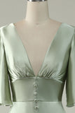 A Line Deep V Neck Light Green Bridesmaid Dress with Half Sleeves