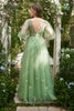Load image into Gallery viewer, A-Line V-Neck Embroidery Green Long Prom Dress with Short Sleeves