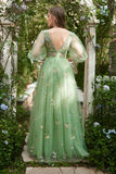 A-Line V-Neck Embroidery Green Long Prom Dress with Short Sleeves