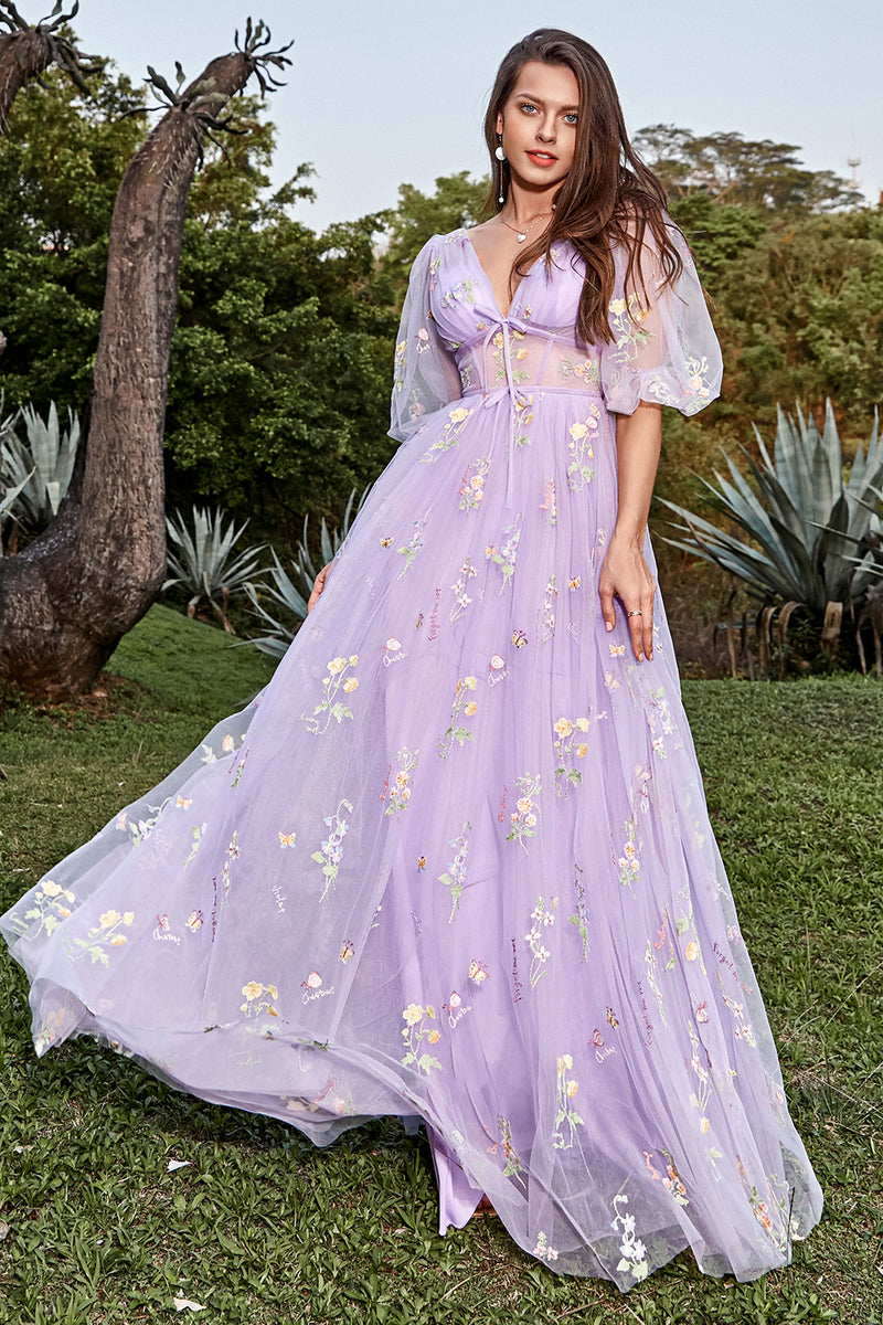 Load image into Gallery viewer, A-Line V-Neck Embroidery Lavender Long Prom Dress with Short Sleeves