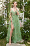 A-Line V-Neck Spaghetti Straps Embroidery Green Long Prom Dress with Slit