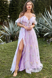 A-Line V-Neck Spaghetti Straps Embroidery Lavender Long Prom Dress with Slit