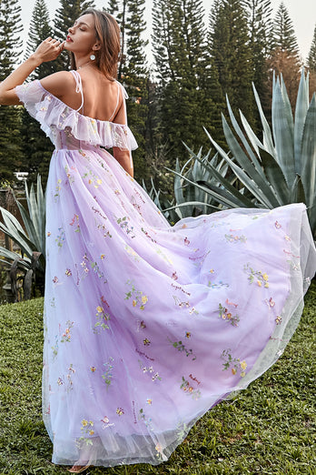 A-Line V-Neck Spaghetti Straps Embroidery Lavender Long Prom Dress with Slit